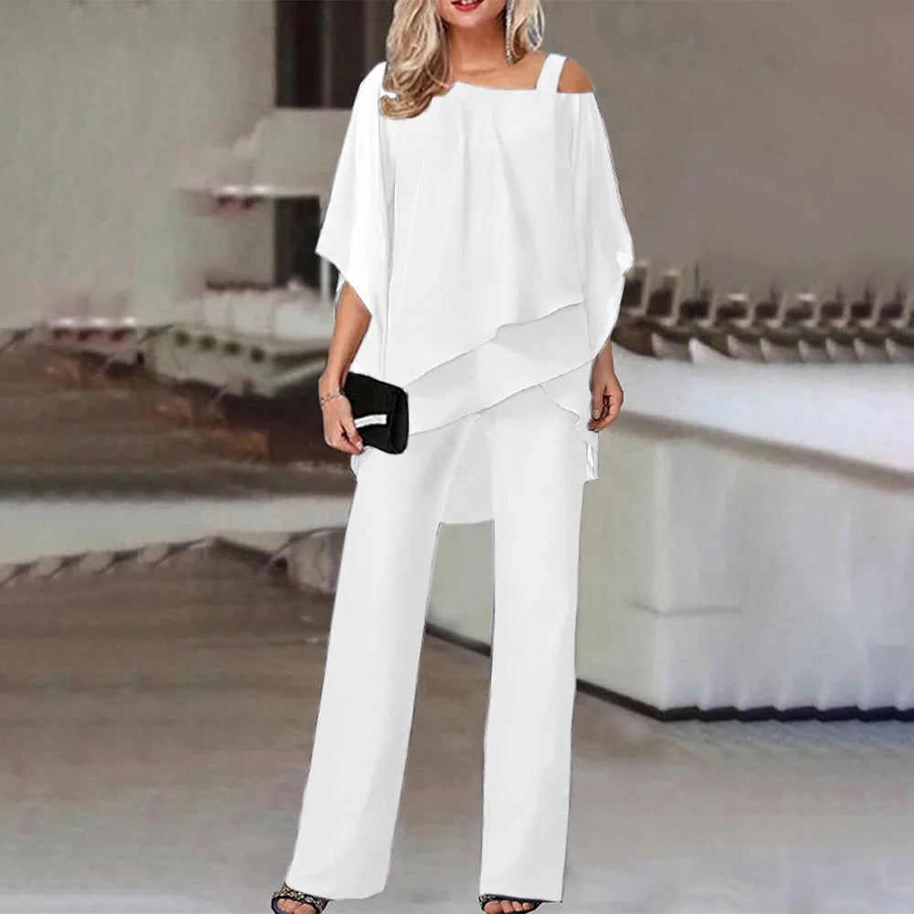 Elegant off-shoulder rynkad blus och raka byxor set för kvinnor