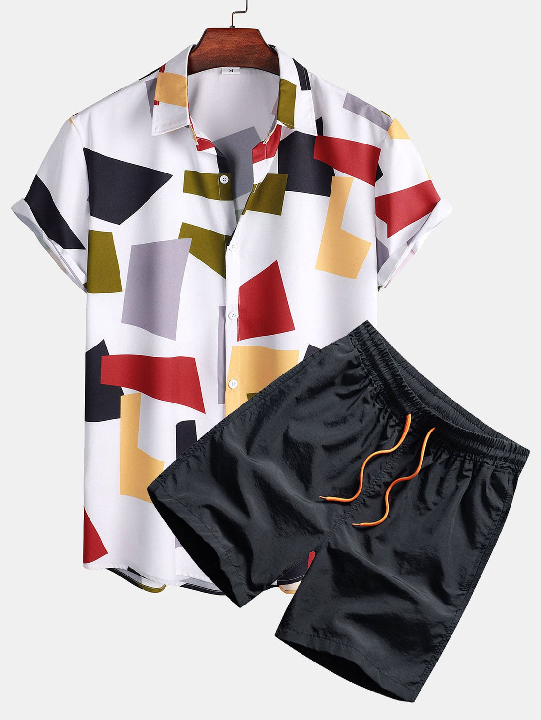 Geometric Color Block Print Button Up Shirt &amp; Swim Shorts