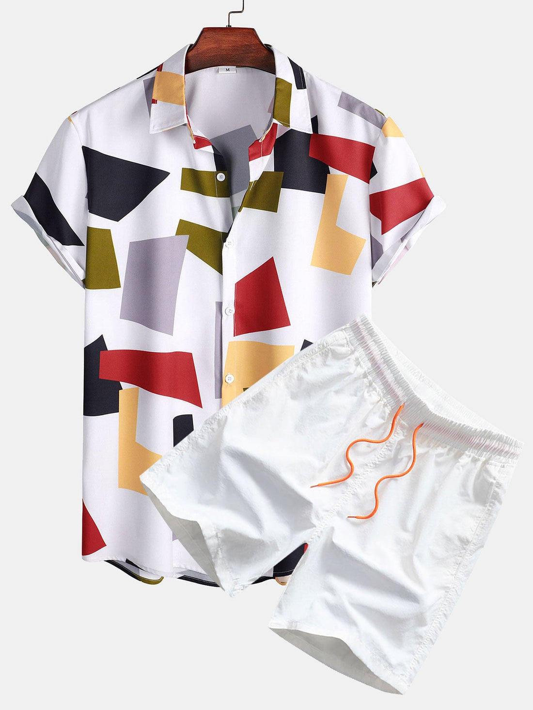 Geometric Color Block Print Button Up Shirt &amp; Swim Shorts