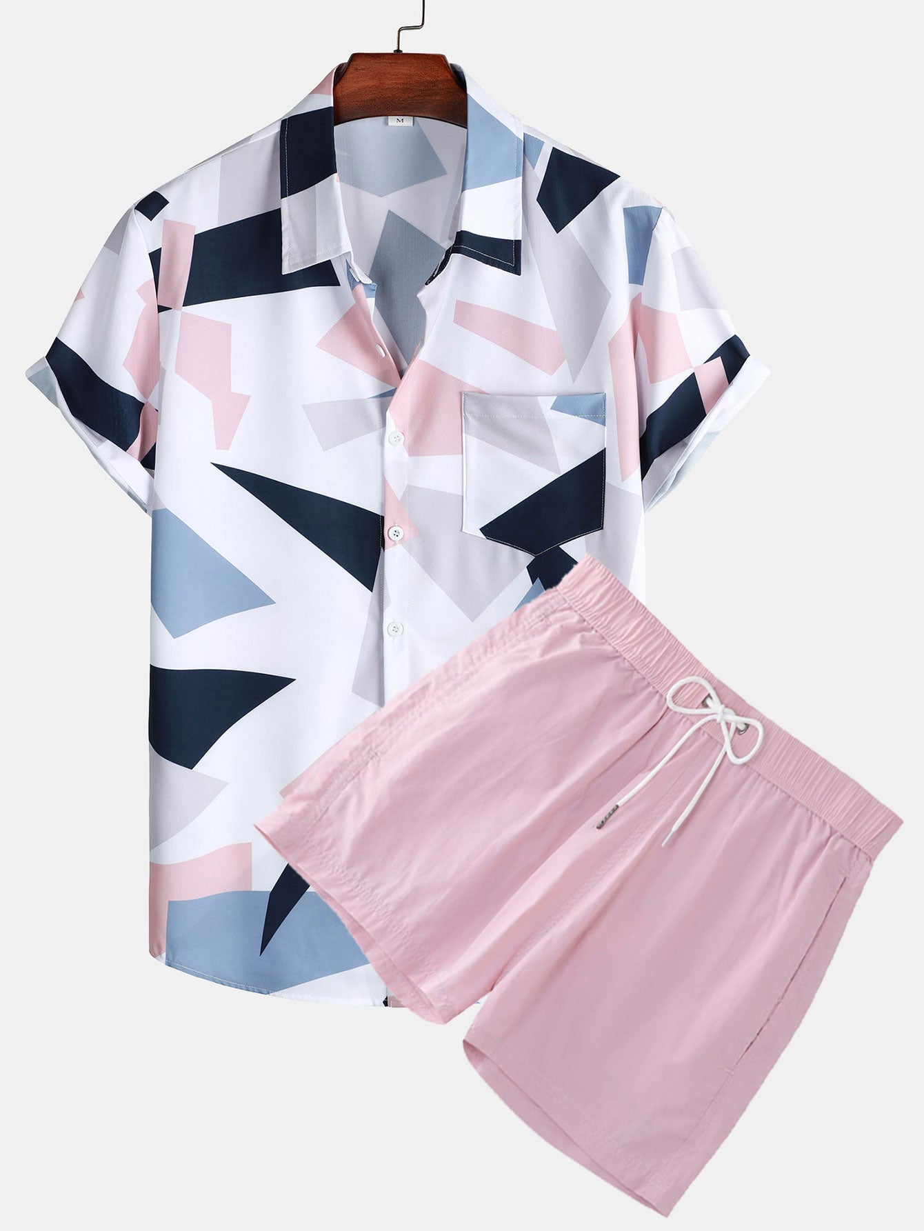 Geometric Print Button Up Shirt With Pocket &amp; Short Length Swim Shorts