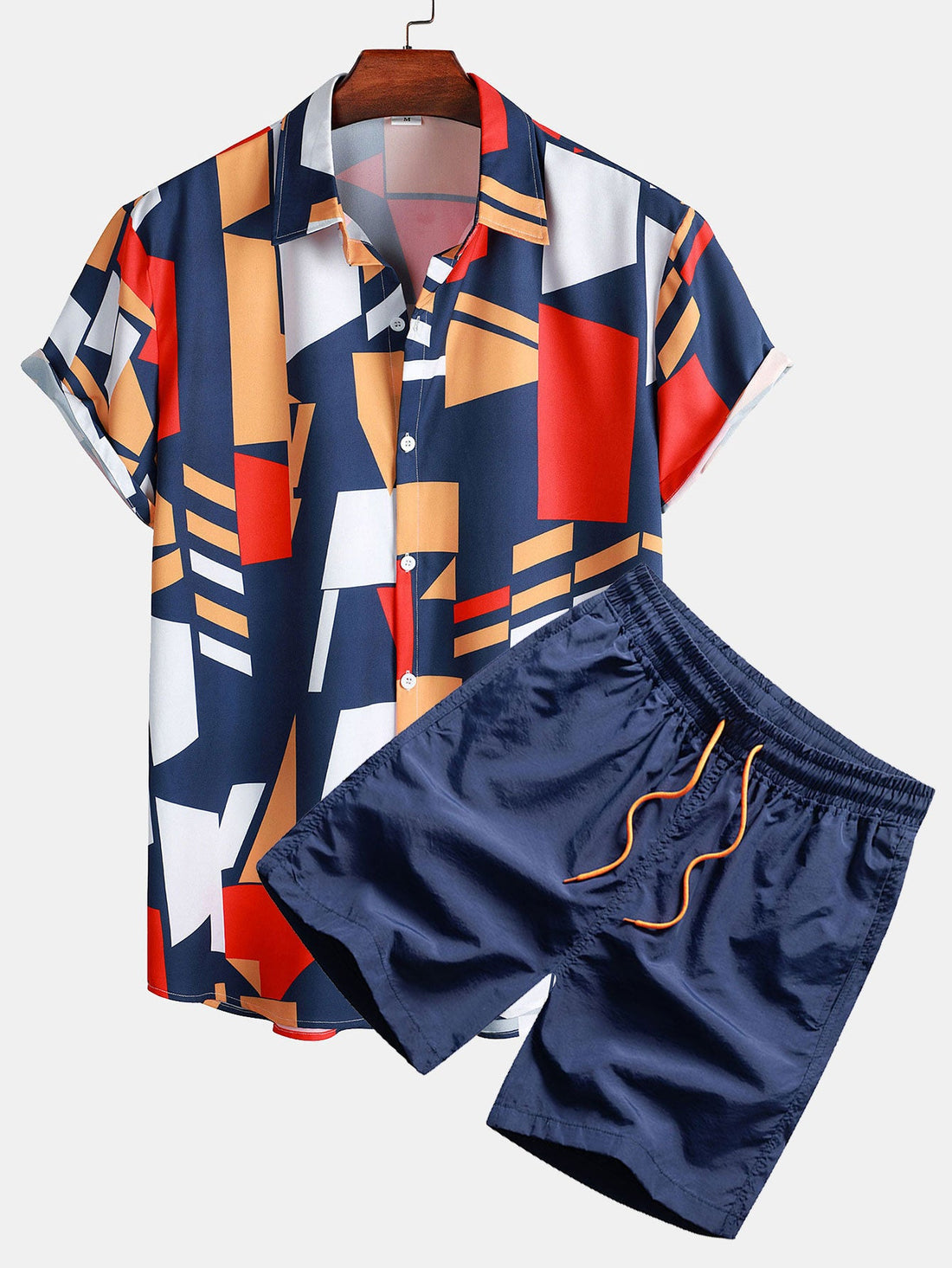 Geometry Print Button Up Shirt &amp; Swim Shorts