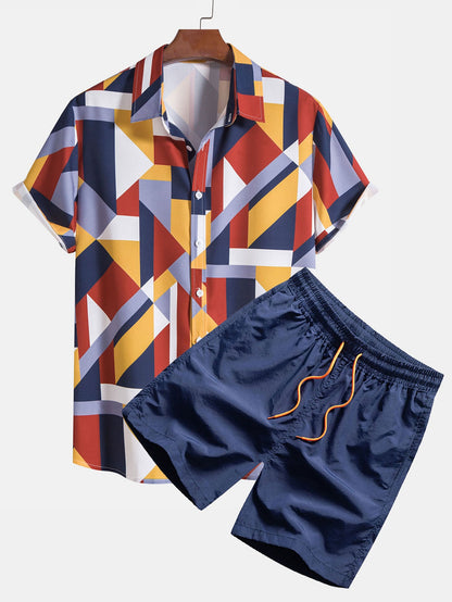 Geometric Print Button Up Shirt &amp; Swim Shorts