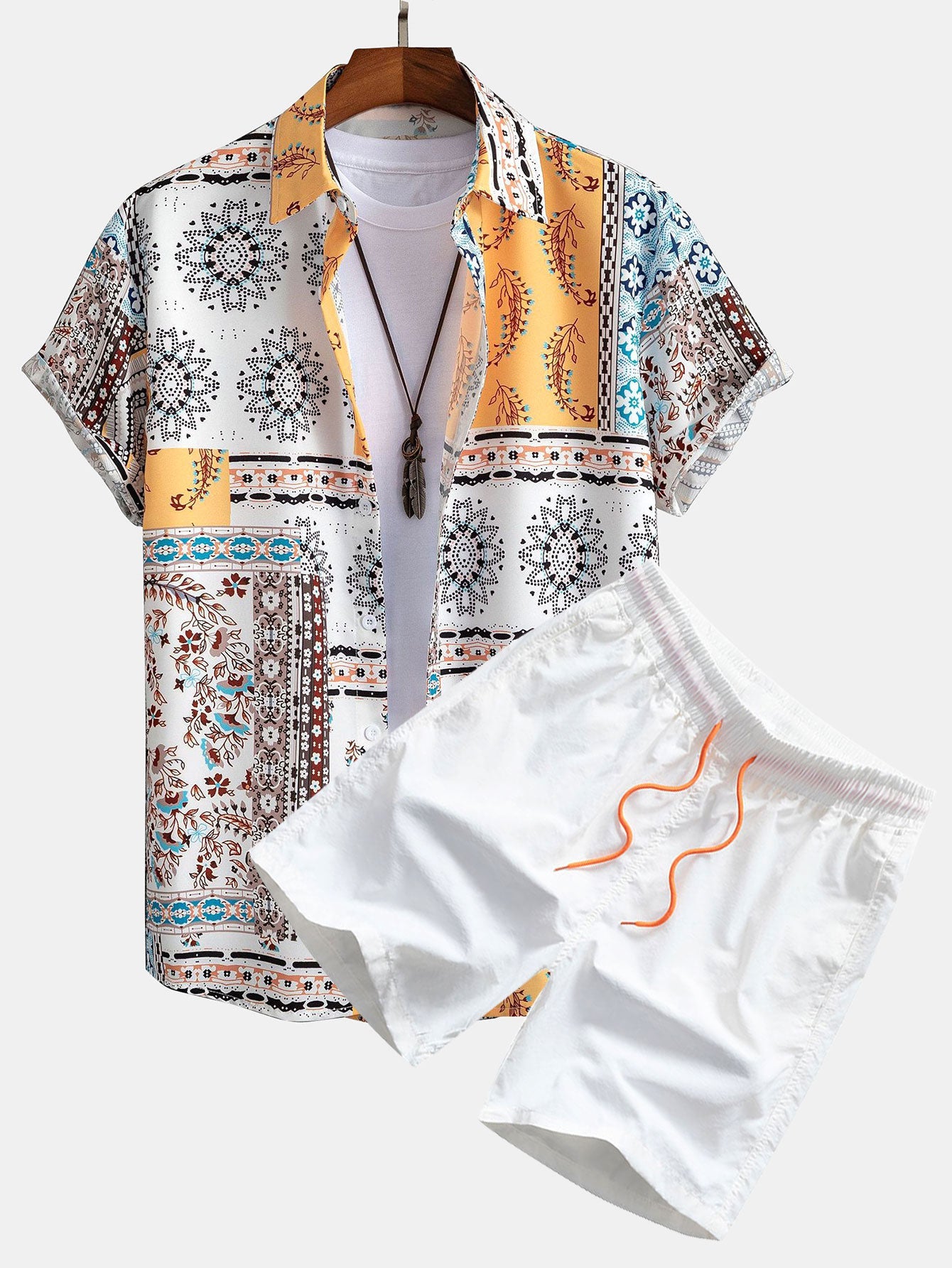 Scarf Print Button Up Shirt &amp; Swim Shorts