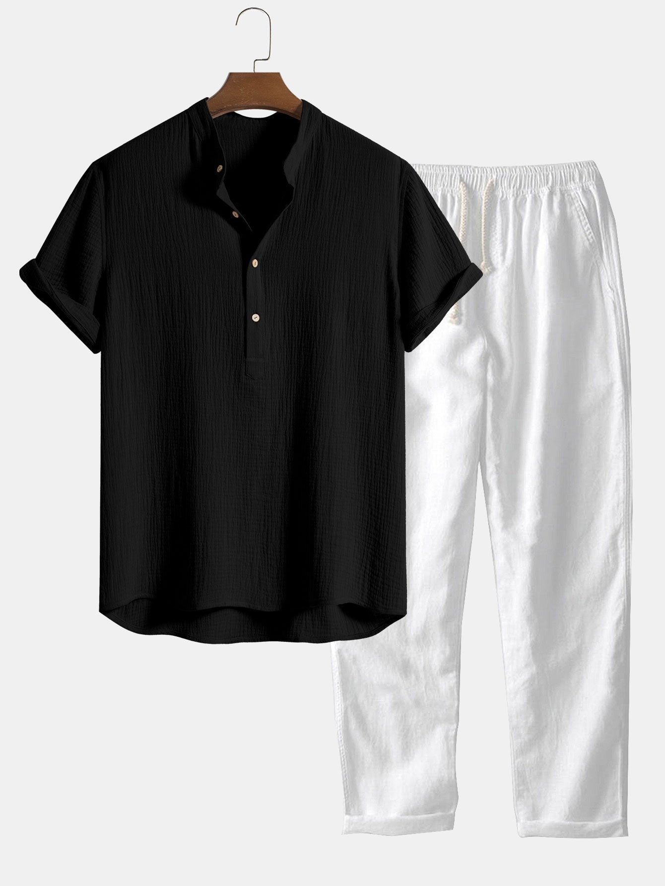 Wrinkled Cotton Half Open Placket Henley Collar Shirt &amp; Straight Leg Linen Pants