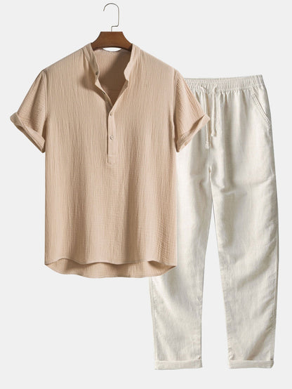 Wrinkled Cotton Half Open Placket Henley Collar Shirt &amp; Straight Leg Linen Pants