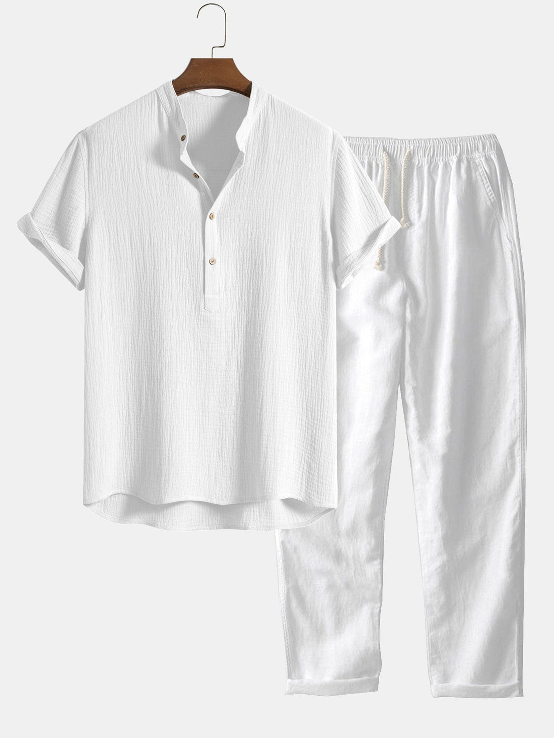 Wrinkled Cotton Half Open Placket Henley Collar Shirt &amp; Straight Leg Linen Pants