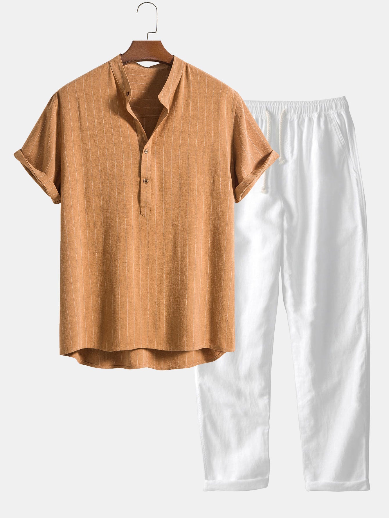 Linen Blend Striped Half Open Placket Henley Collar Shirt &amp; Straight Leg Linen Pants