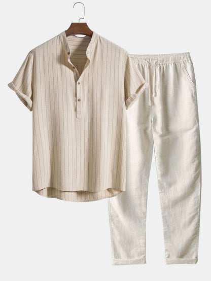 Linen Blend Striped Half Open Placket Henley Collar Shirt &amp; Straight Leg Linen Pants