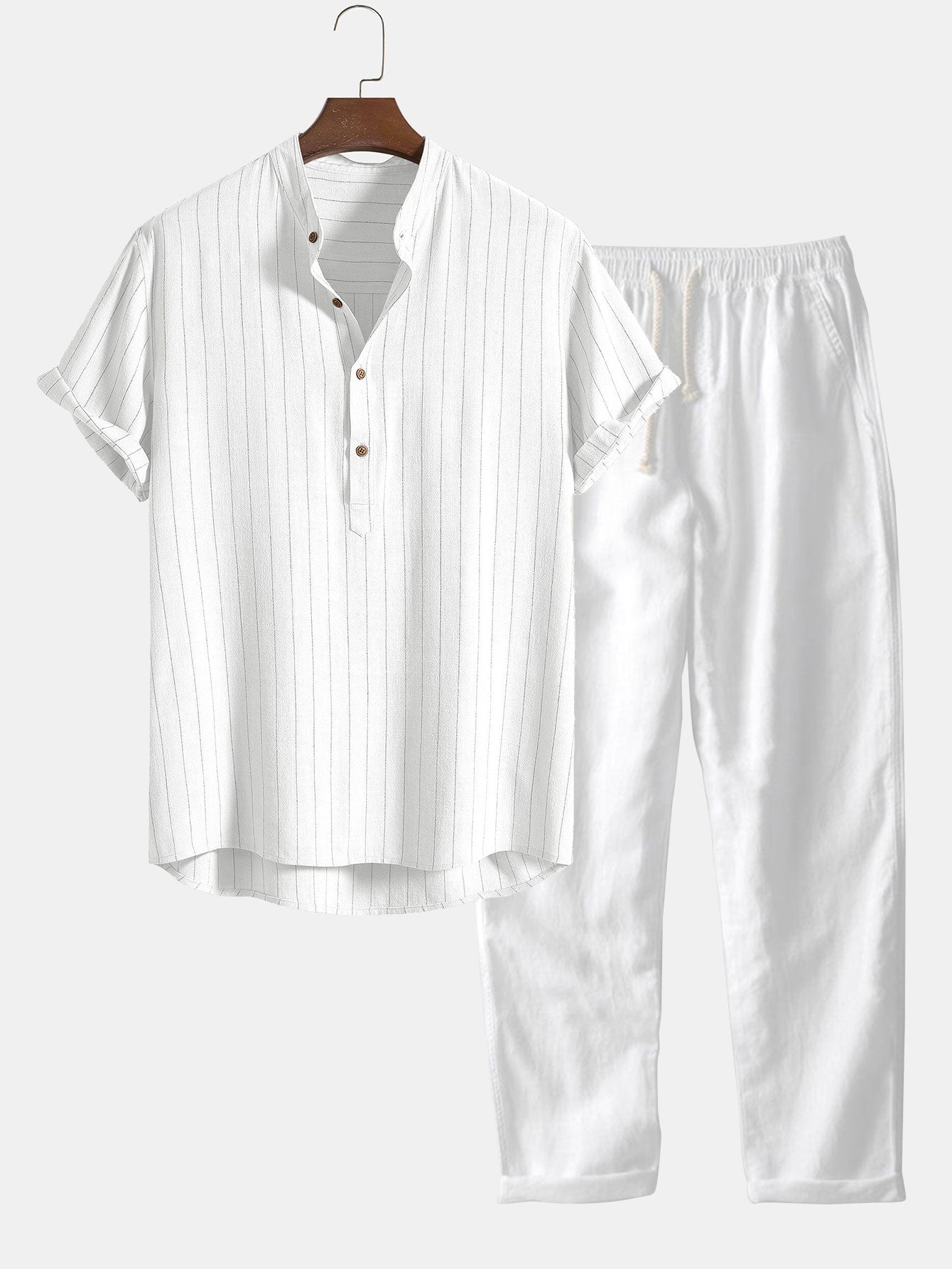 Linen Blend Striped Half Open Placket Henley Collar Shirt &amp; Straight Leg Linen Pants