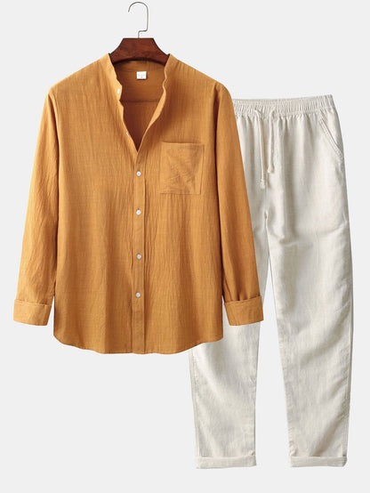 Long Sleeved Linen Look Stand Collar Shirt &amp; Straight Leg Linen Pants