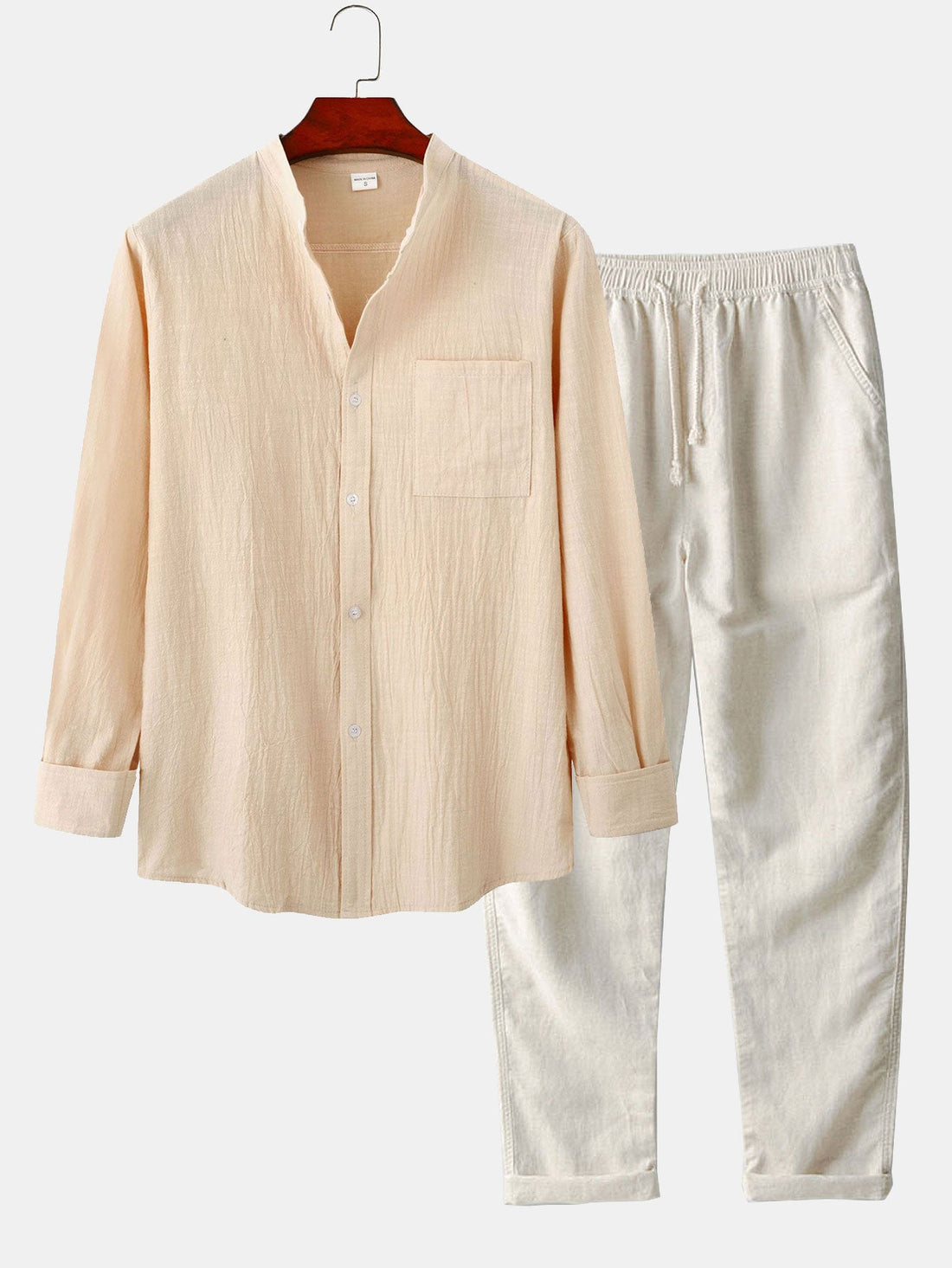 Long Sleeved Linen Look Stand Collar Shirt &amp; Straight Leg Linen Pants