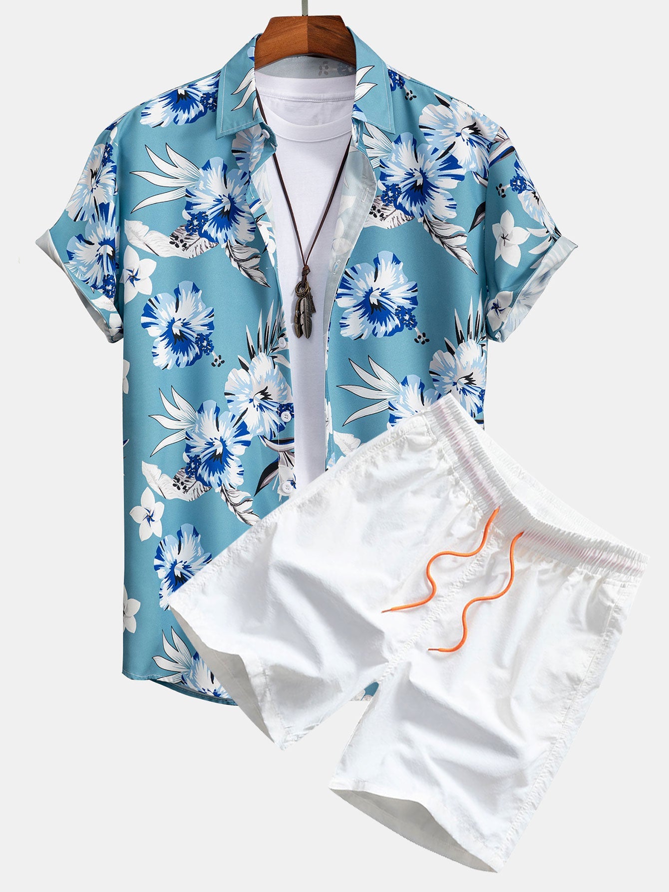 Tropical Floral Print Button Up Shirt &amp; Swim Shorts