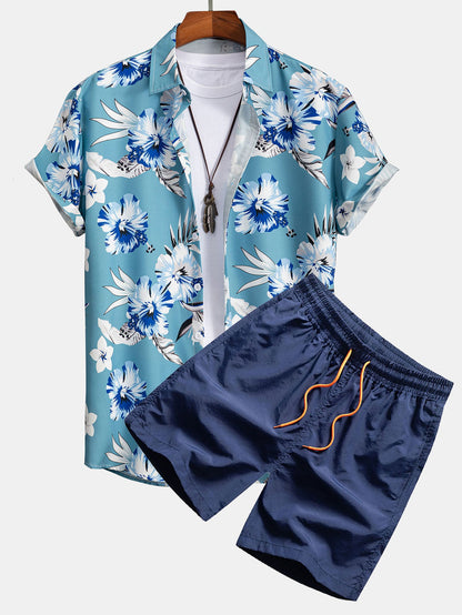 Tropical Floral Print Button Up Shirt &amp; Swim Shorts