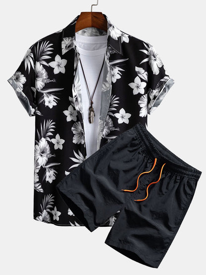 Tropical Floral Print Button Up Shirt &amp; Swim Shorts