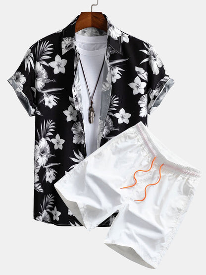 Tropical Floral Print Button Up Shirt &amp; Swim Shorts