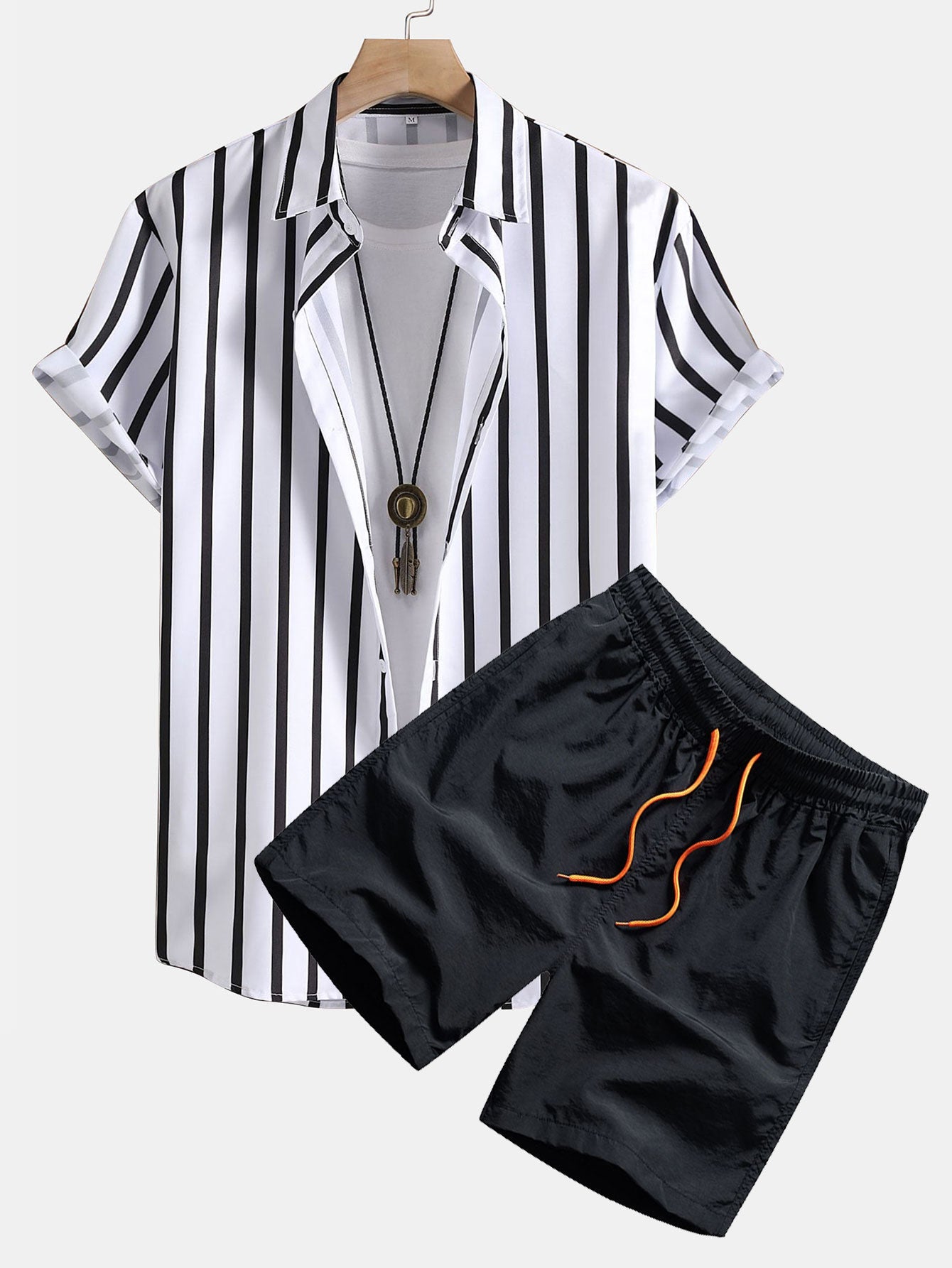 Stripe Print Button Up Shirt &amp; Swim Shorts