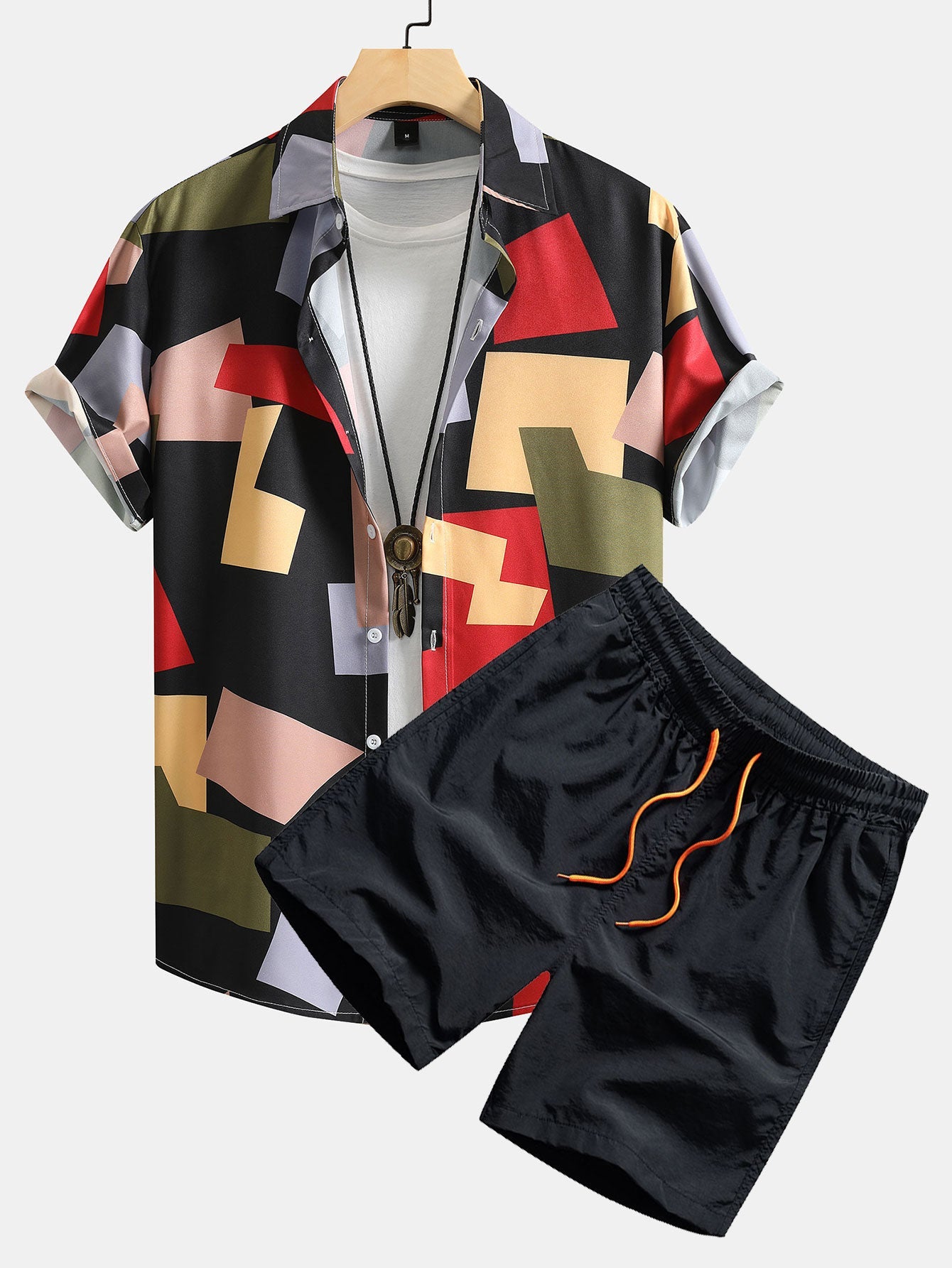 Geometry Color Block Print Button Up Shirt &amp; Swim Shorts