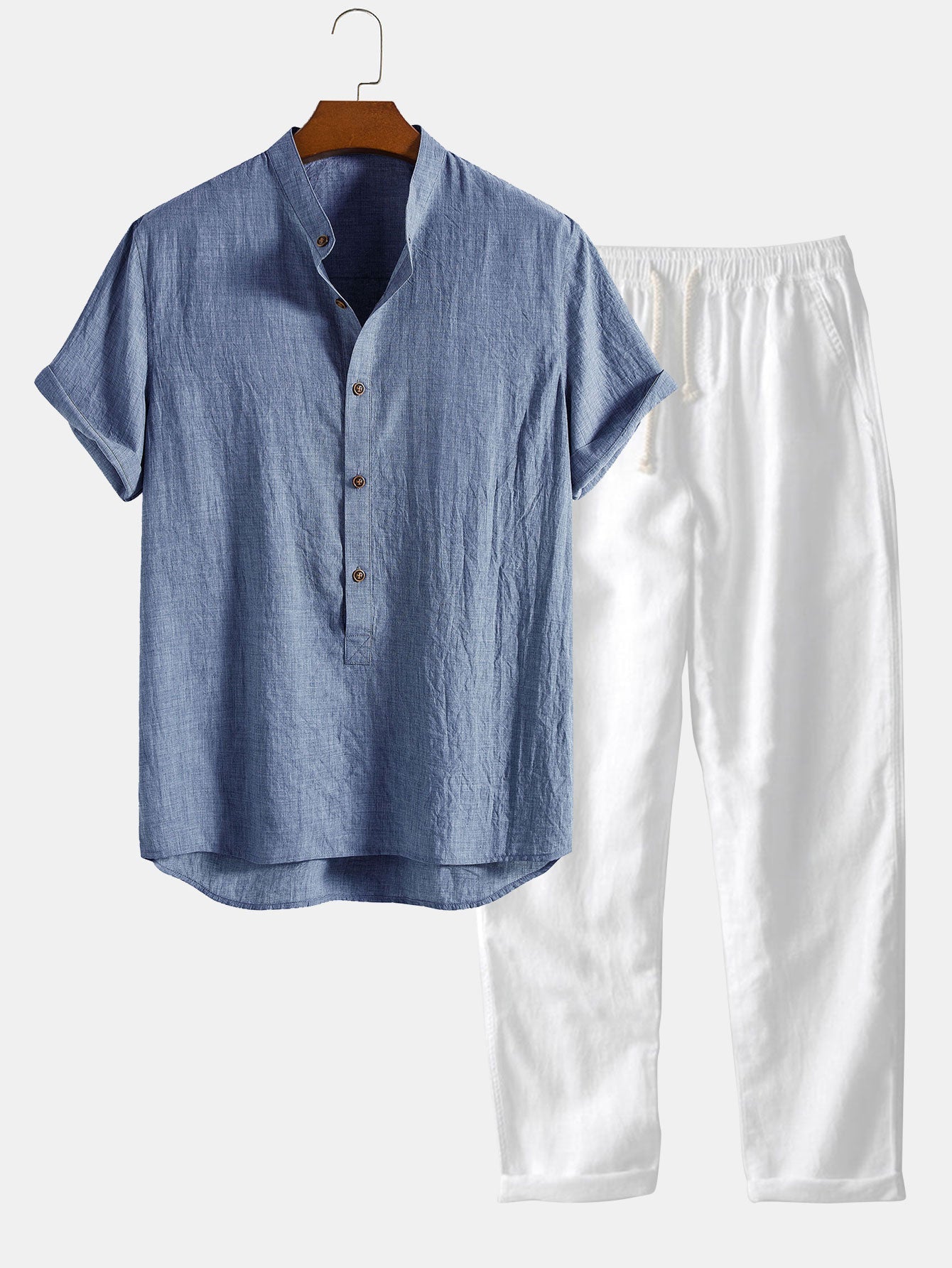 Short Sleeve Half Button Fly Henley Collar Shirt &amp; Straight Leg Linen Pants