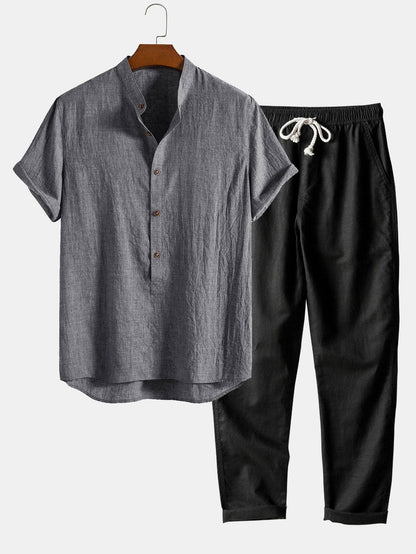 Short Sleeve Half Button Fly Henley Collar Shirt &amp; Straight Leg Linen Pants