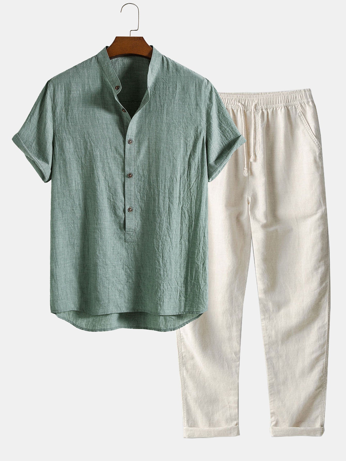 Short Sleeve Half Button Fly Henley Collar Shirt &amp; Straight Leg Linen Pants