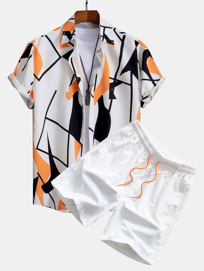 Color Block Abstract Print Button Up Shirt &amp; Swim Shorts