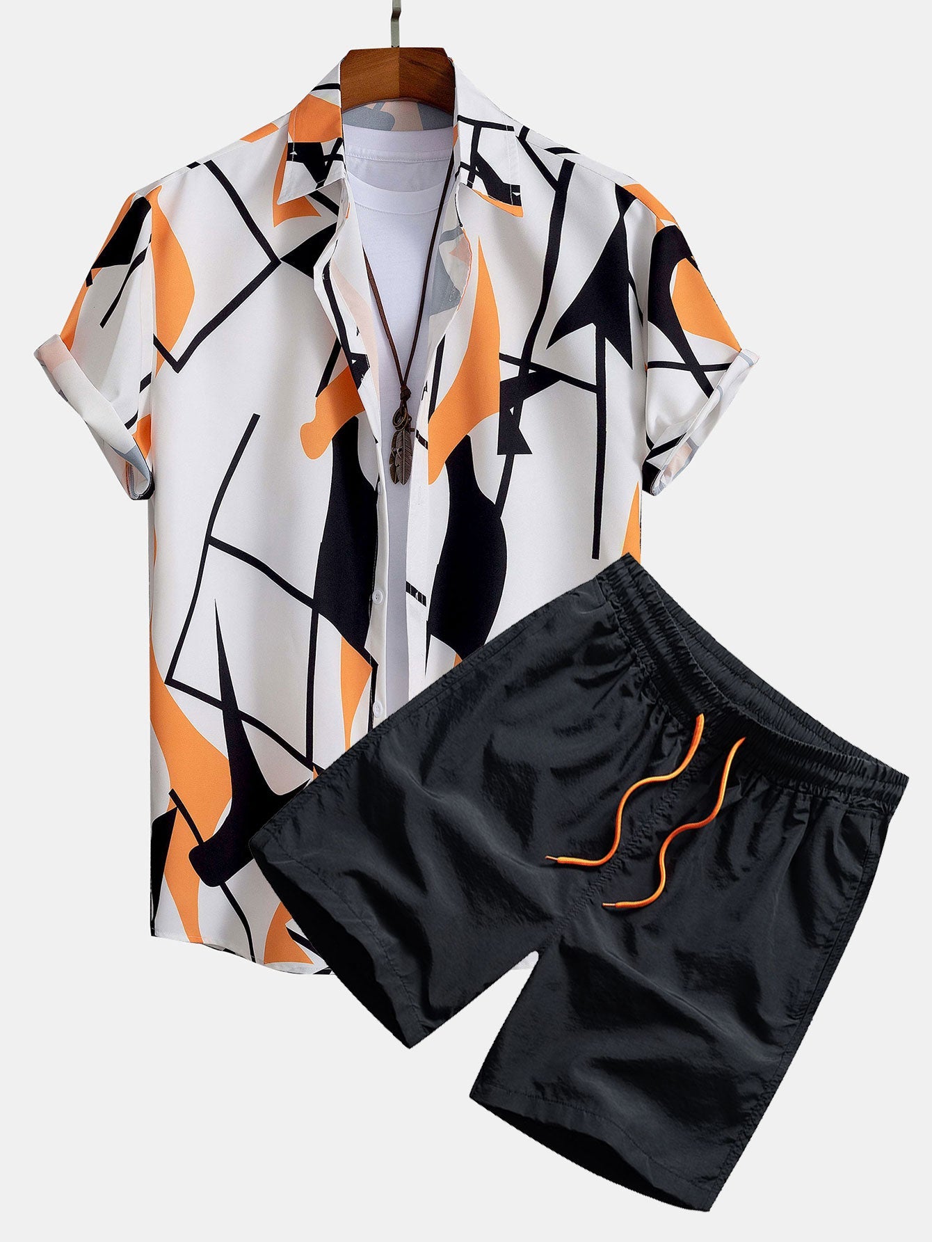 Color Block Abstract Print Button Up Shirt &amp; Swim Shorts