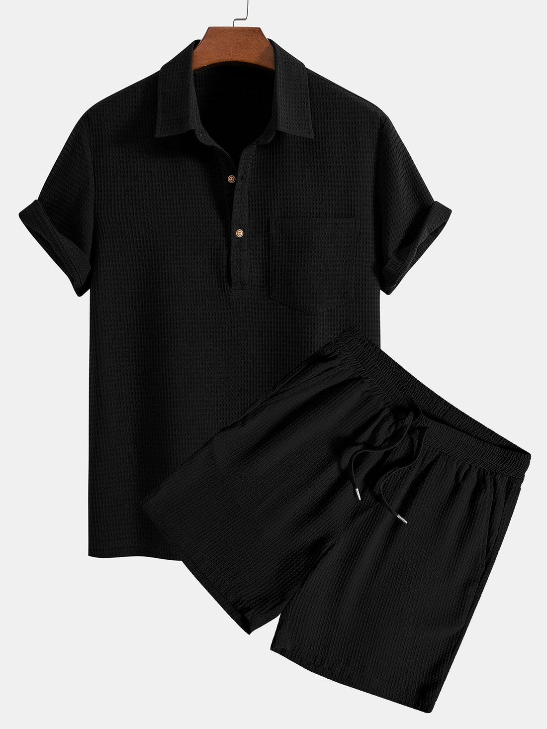 Waffle Polo Collar Shirt With Pocket &amp; Waffle Shorts