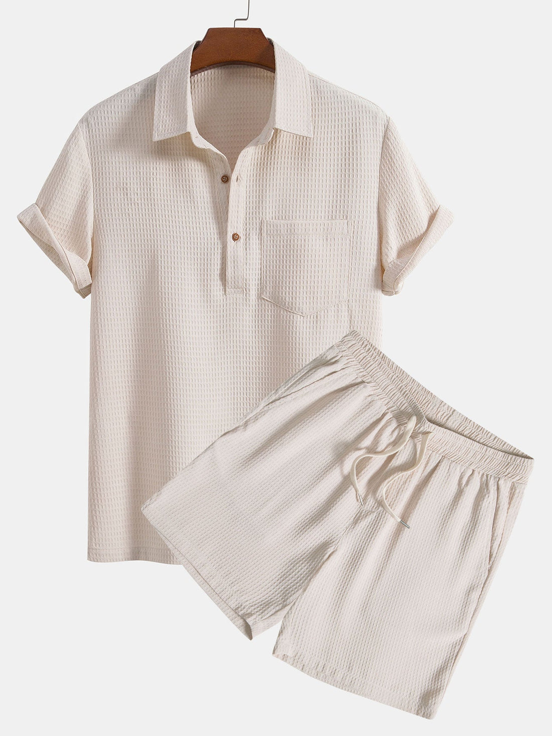 Waffle Polo Collar Shirt With Pocket &amp; Waffle Shorts