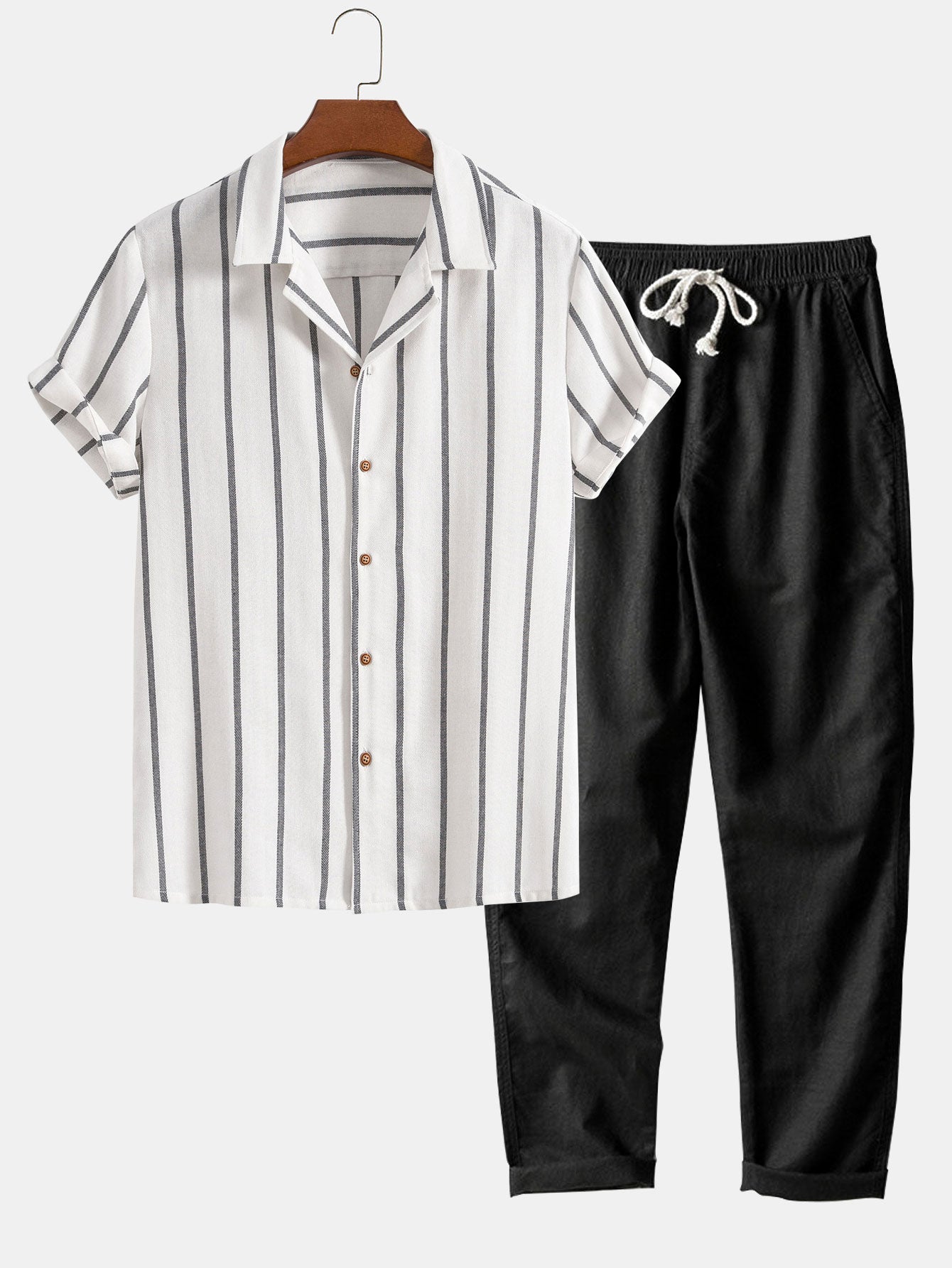 Cotton Blend Striped Cuban Shirt &amp; Straight Leg Linen Pants