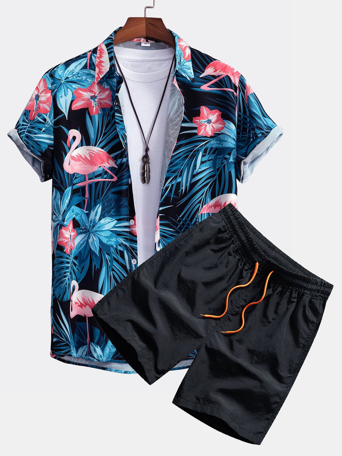 Flamingo Tropical Print Button Up Shirt &amp; Swim Shorts