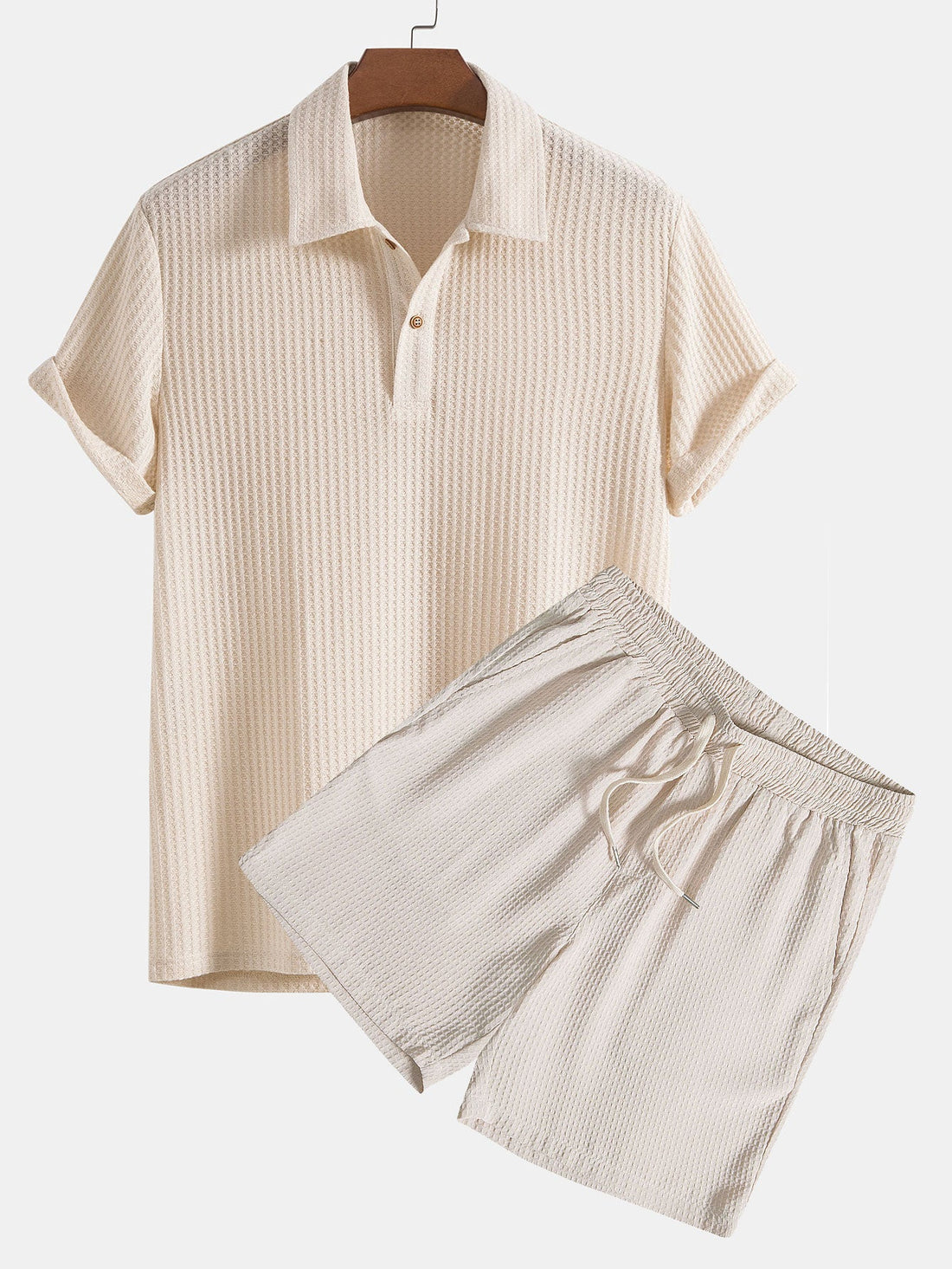 Knitted Waffle Polo Shirt &amp; Waffle Drawstring Shorts