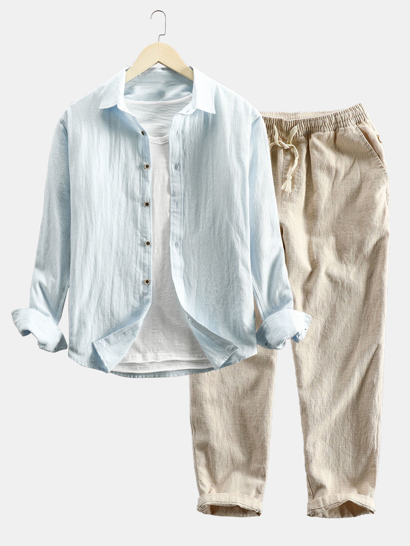 Long Sleeve Linen and Cotton Blend Button Up Shirt &amp; Linen Cotton Blend Cropped Pants