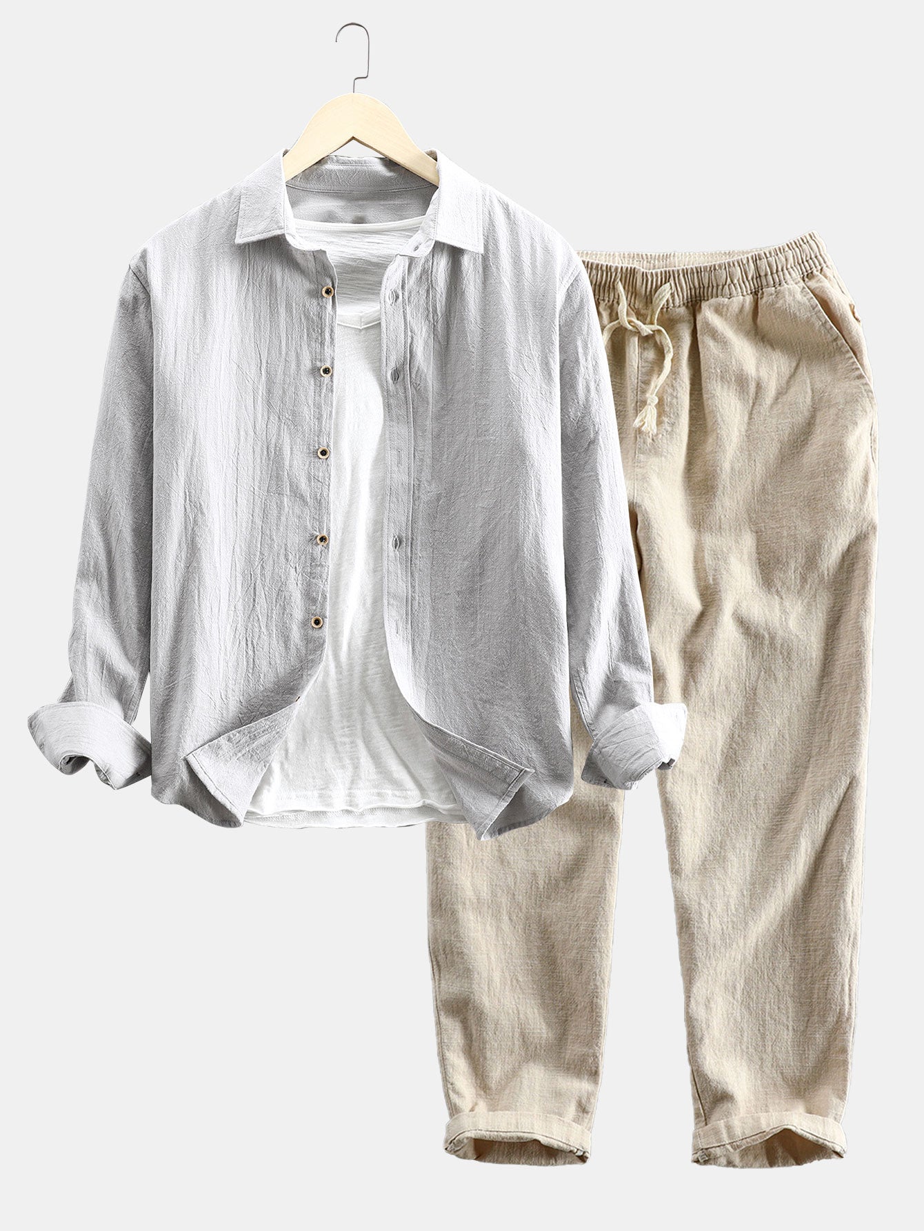 Long Sleeve Linen and Cotton Blend Button Up Shirt &amp; Linen Cotton Blend Cropped Pants