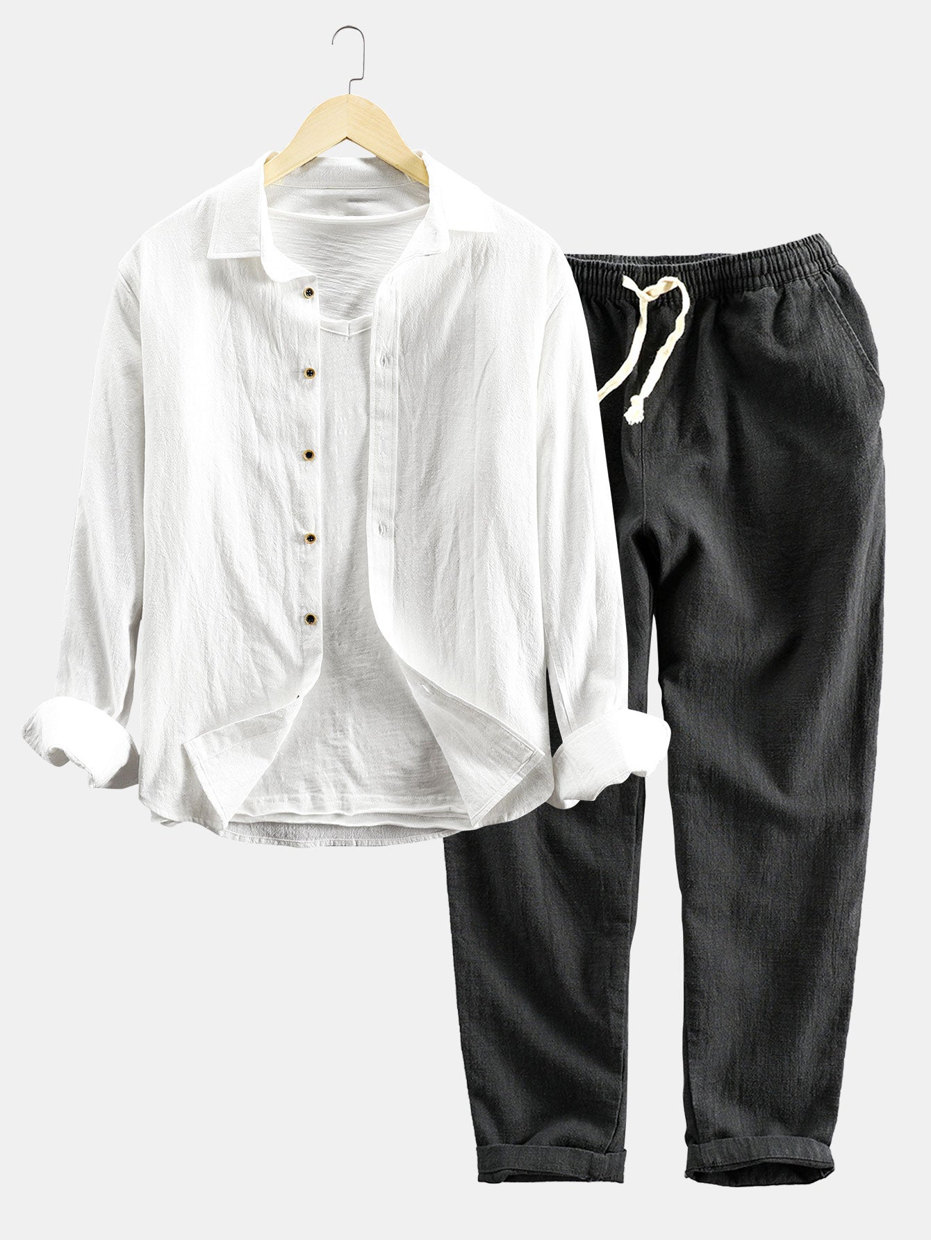 Long Sleeve Linen and Cotton Blend Button Up Shirt &amp; Linen Cotton Blend Cropped Pants