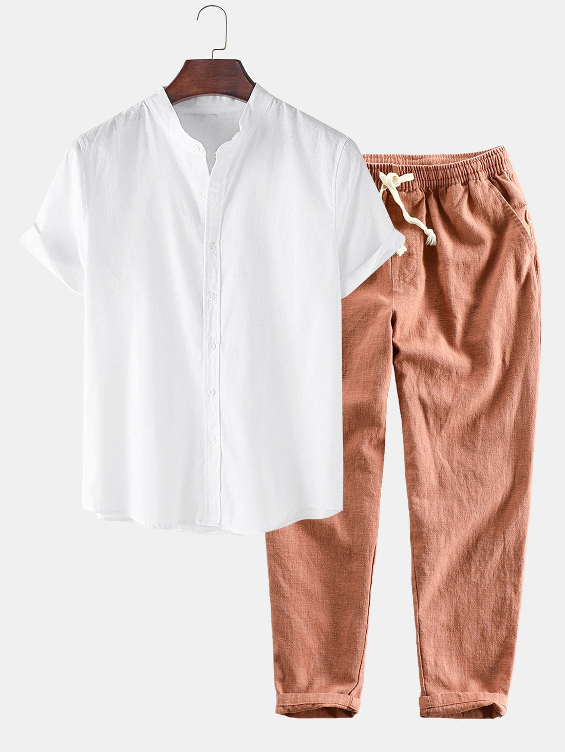 Linen Look Short Sleeve Stand Collar Shirt &amp; Linen Cotton Blend Cropped Pants