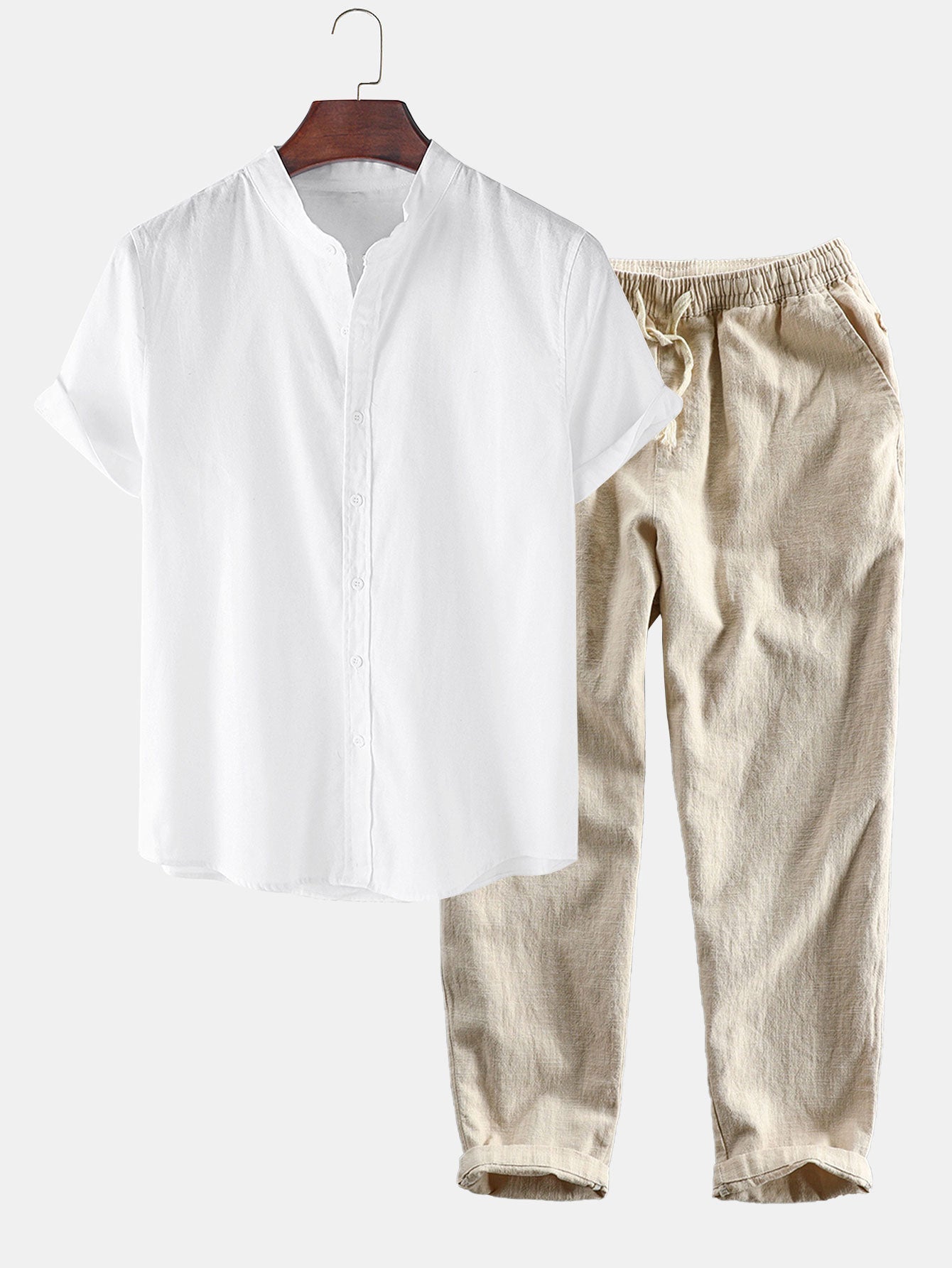 Linen Look Short Sleeve Stand Collar Shirt &amp; Linen Cotton Blend Cropped Pants