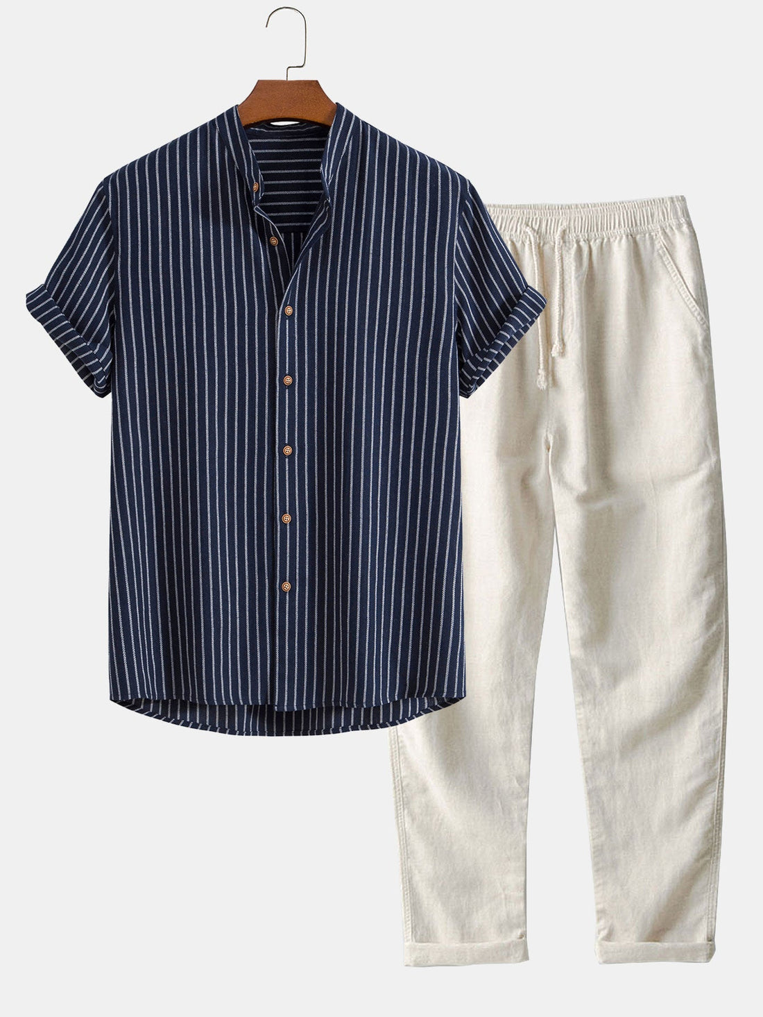 Cotton Blend Striped Stand Collar Shirt &amp; Straight Leg Linen Pants