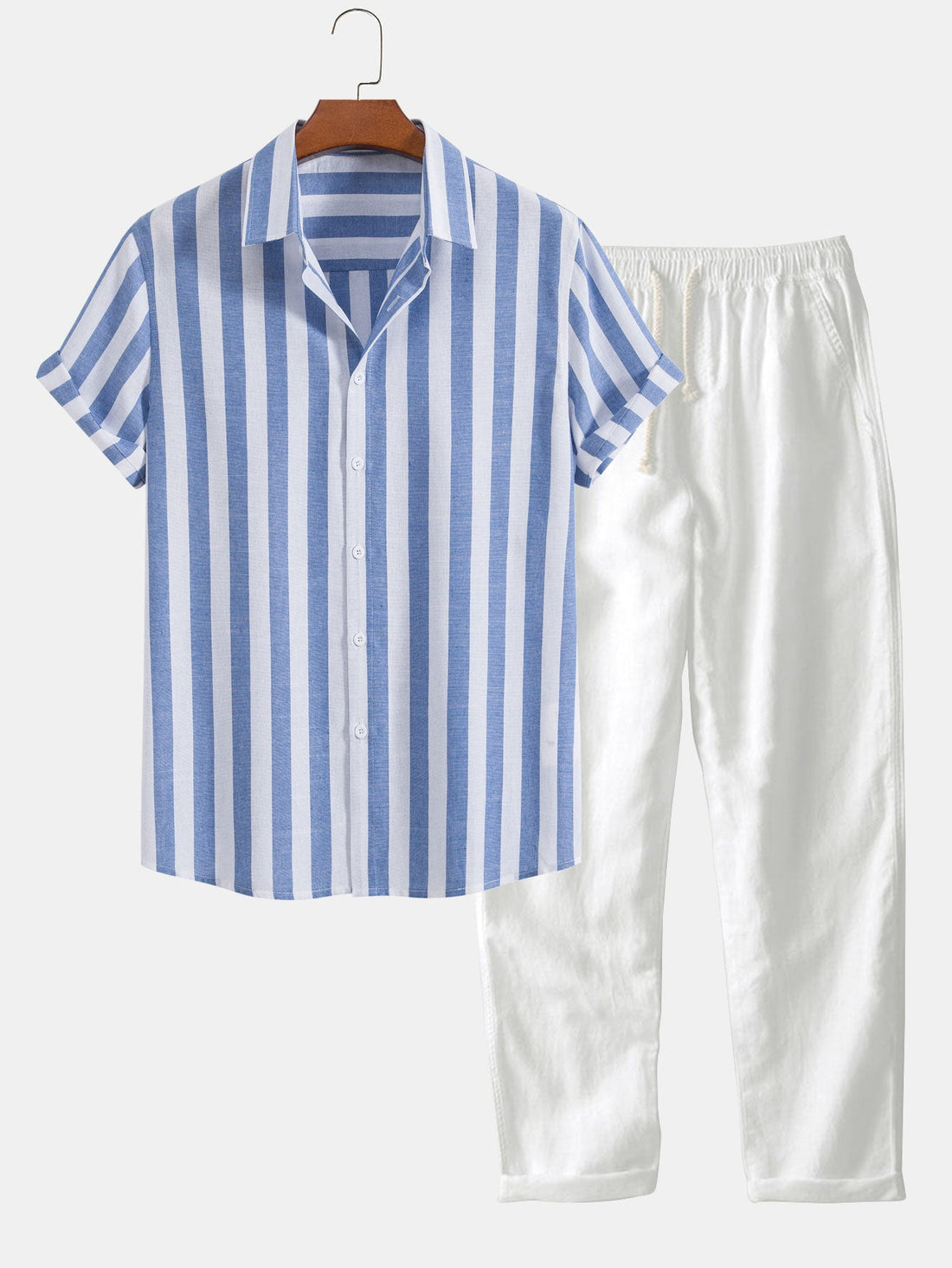 Striped Cotton Blend Button Up Shirt &amp; Straight Leg Linen Pants