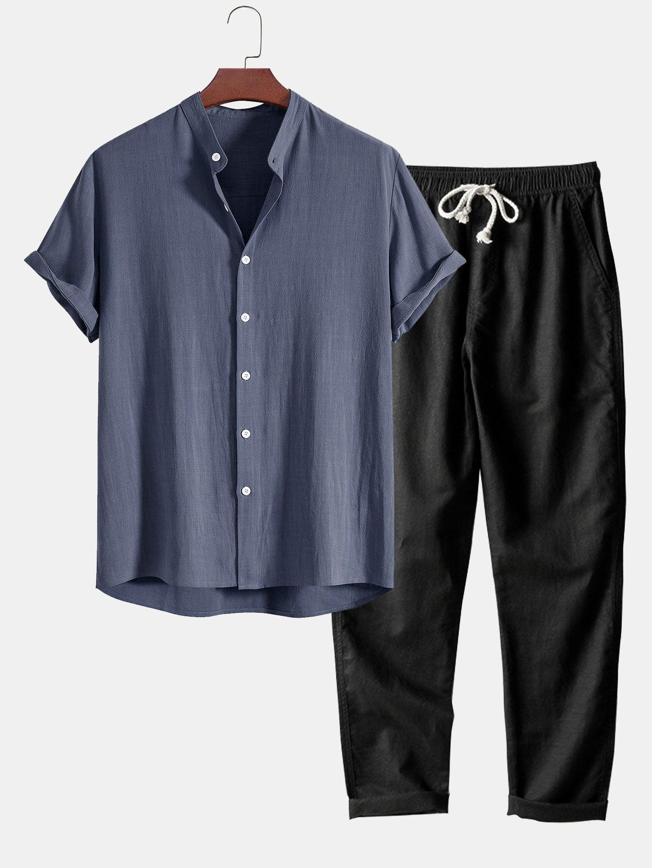 Linen And Rayon Blend Stand Collar Shirt &amp; Straight Leg Linen Pants