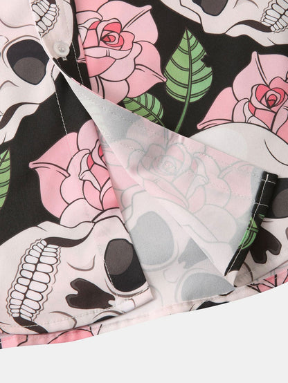 Skull Rose Print Button Up Shirt