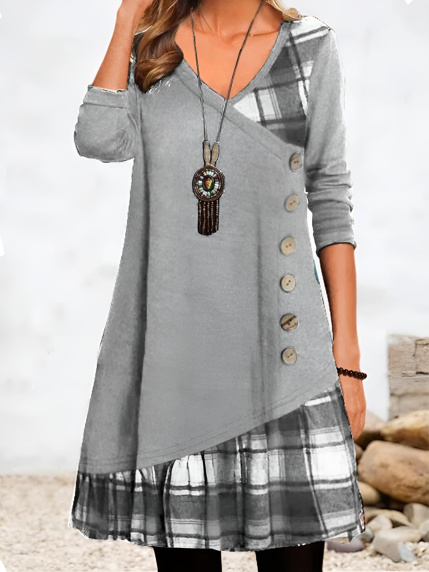 SORELA™ Vintage klänning med knappar i rutig stil