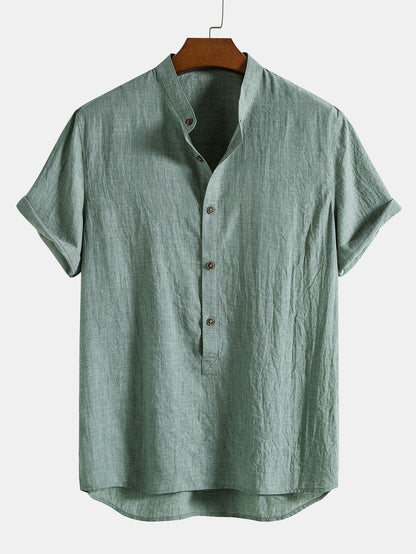 Short Sleeve Half Button Fly Henley Collar Shirt &amp; Straight Leg Linen Pants