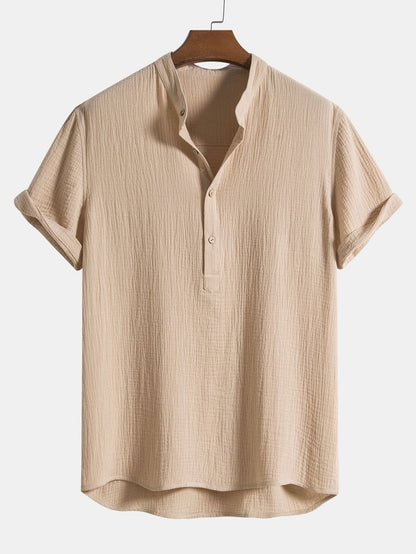 Wrinkled Cotton Half Open Placket Henley Collar Shirt &amp; Straight Leg Linen Pants