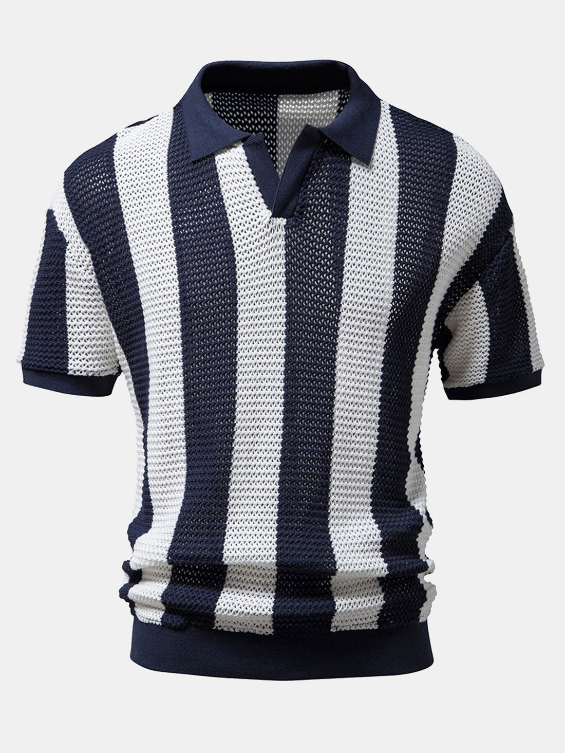 V Neck Striped Knit Polo Shirt