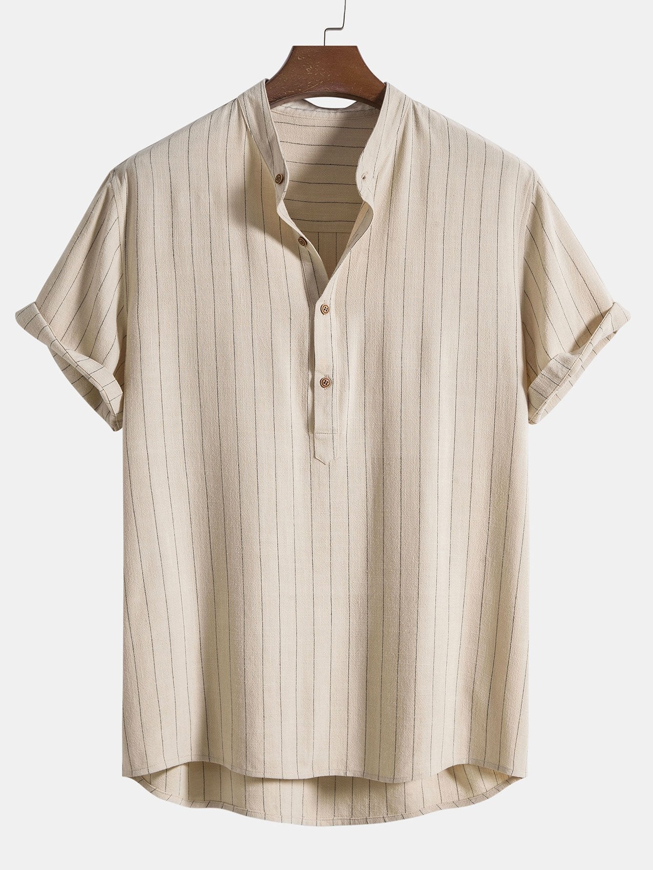 Linen Blend Striped Half Open Placket Henley Collar Shirt &amp; Straight Leg Linen Pants