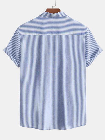 Short Sleeve Cotton Blend Striped Button Up Shirt