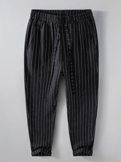 Striped Linen Cotton Blend Cropped Pants