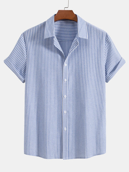 Short Sleeve Cotton Blend Striped Button Up Shirt